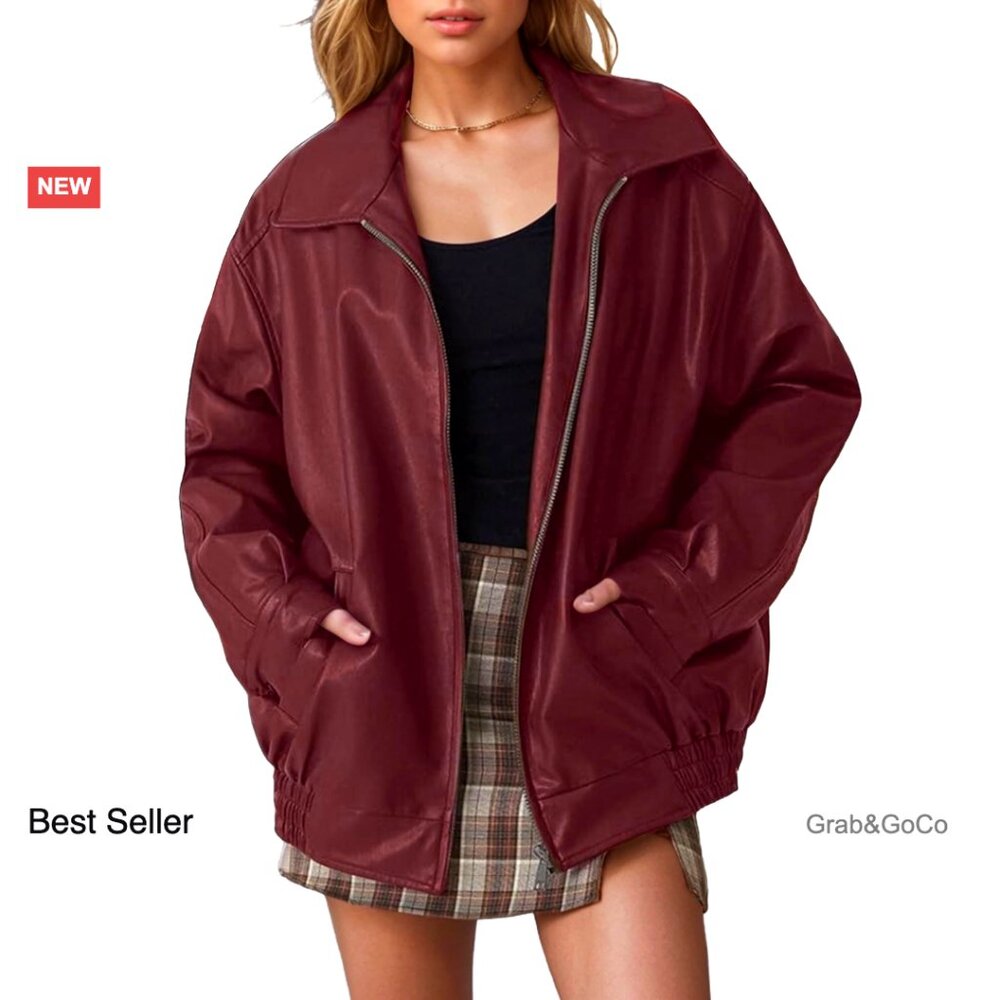 Oversized Faux Leather Motorcycle Bomber Jacket Classic Retro Chic Fall Winter